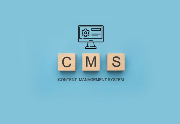 CMS Content Management System banner. CMS Block letters on blue background. Website management software, seo optimization, administration, site configuration and cms statistics.